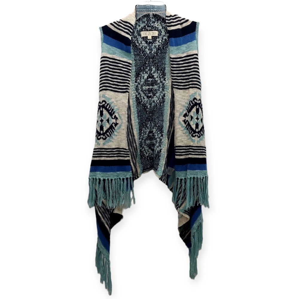 Pink Rose Fringed Vest Duster Blue Aztec Juniors Size Large